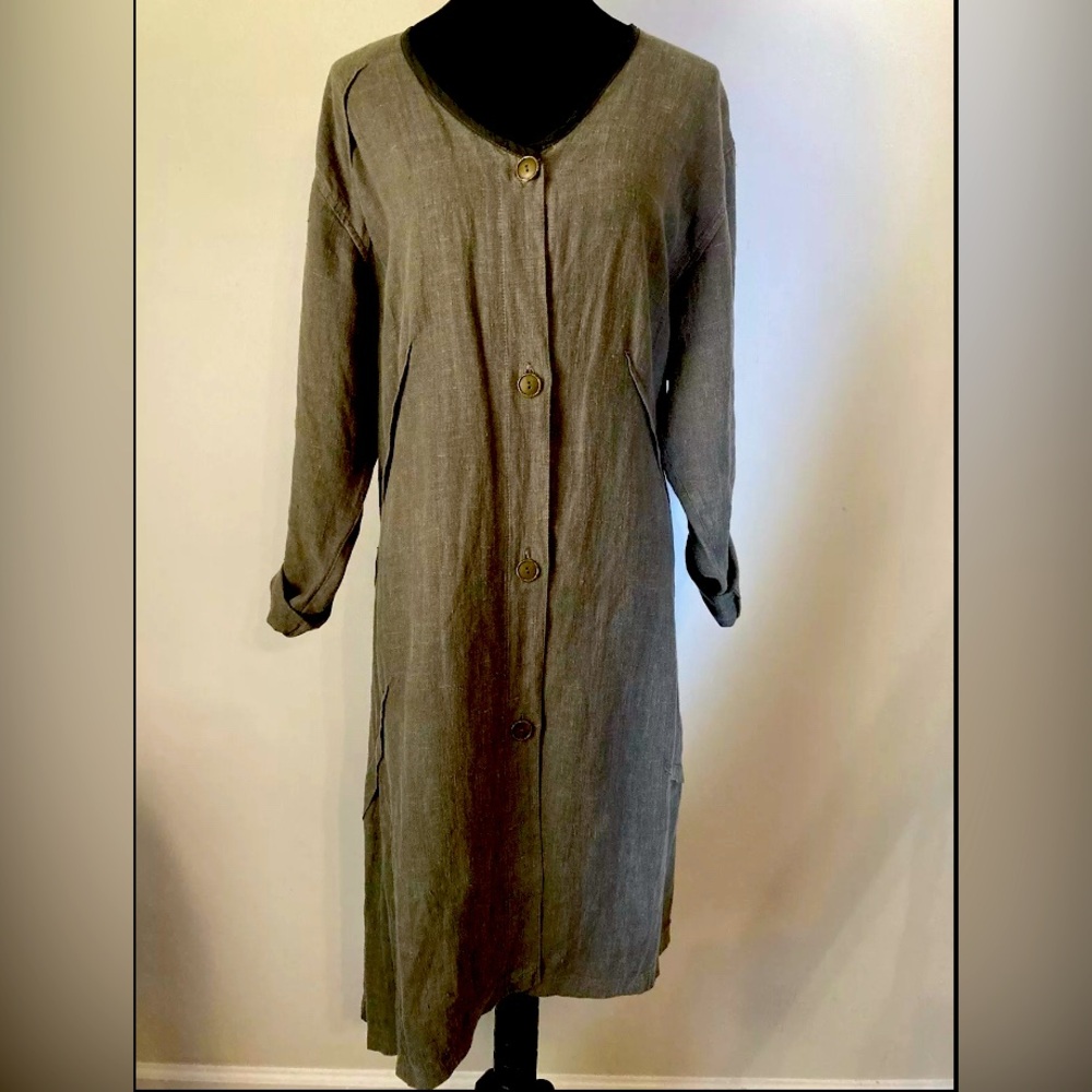 Bodil 100% linen large olive green 3/4 sleeve midi dress lagenlook flowy artsy